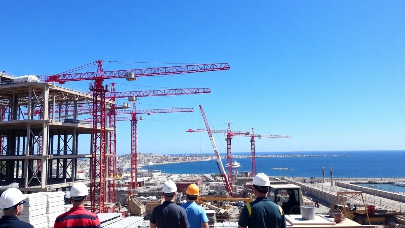 Chantier de construction à Marseille avec vue sur la mer.